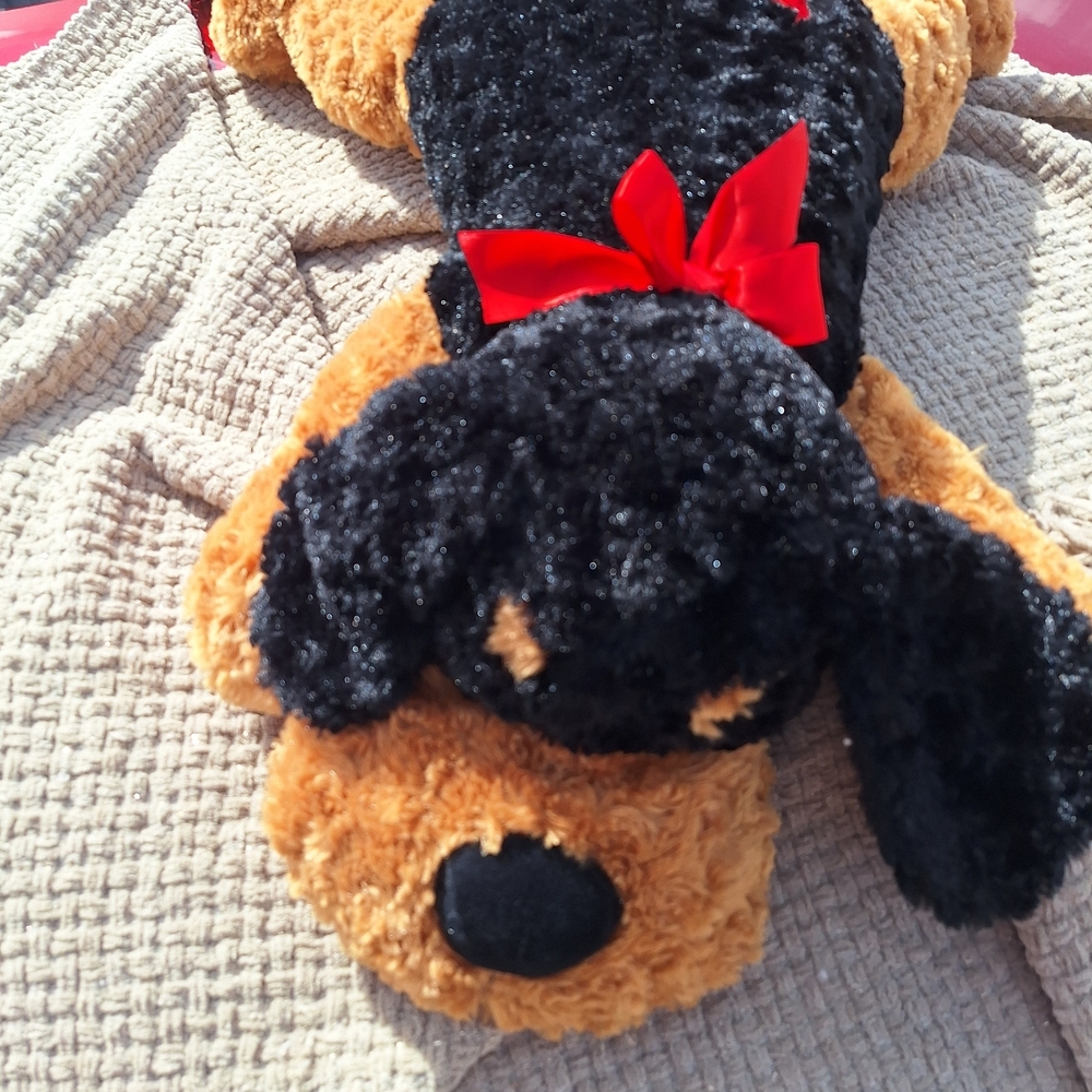 Kellytoy Black and Tan Plush Dog with Red Bow